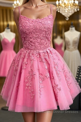 Short Pink Backless Lace Semi Formal Prom Dresses, Short Pink Open Back Formal Homecoming Dresses